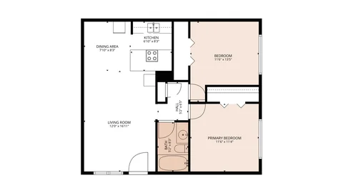 Plano de Parkwood de 2 recámaras en Parkaire & Parkwood Apartments en Garland, TX — 2 rec. · 1 baño, 832 pies²
