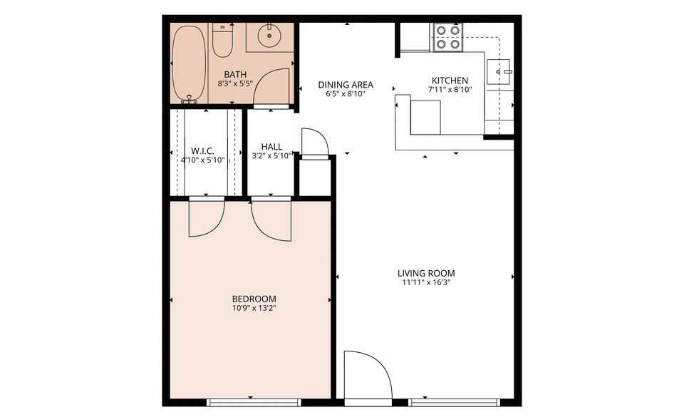 Plano de Parkwood de 1 recámara en Parkaire & Parkwood Apartments en Garland, TX — 1 rec. · 1 baño, 650 pies²