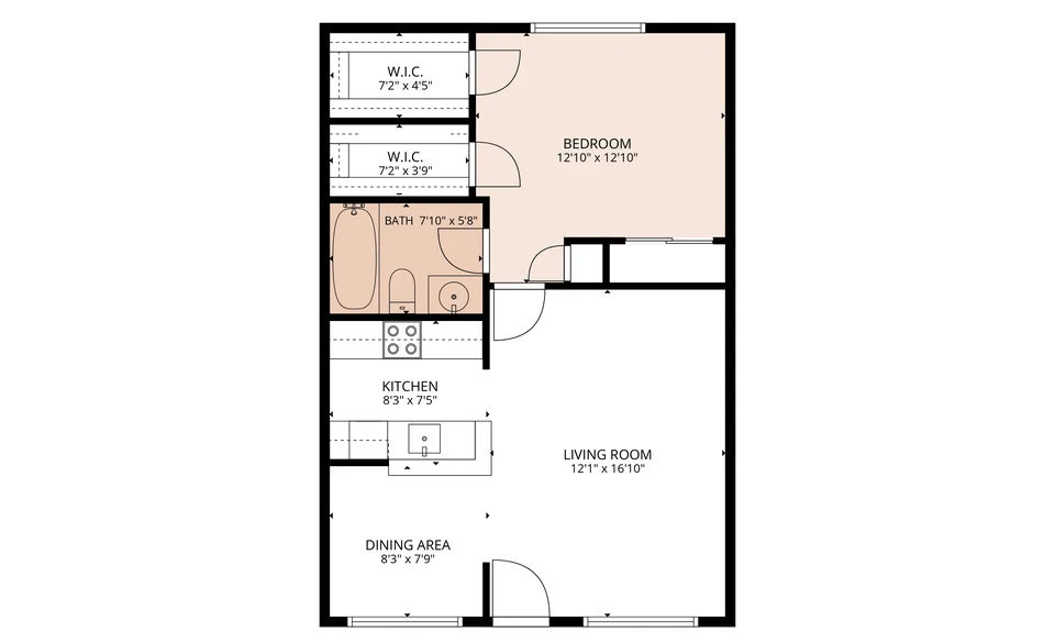 Parkaire 1-Bedroom floor plan at Parkaire & Parkwood Apartments in Garland, TX — 1 bed · 1 bath, 650 sq ft