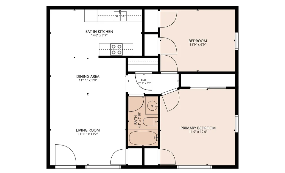 Parkaire 2-Bedroom floor plan at Parkaire & Parkwood Apartments in Garland, TX — 2 bed · 1 bath, 832 sq ft