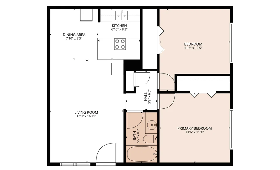 Plano de Parkwood de 2 recámaras en Parkaire & Parkwood Apartments en Garland, TX — 2 rec. · 1 baño, 832 pies²